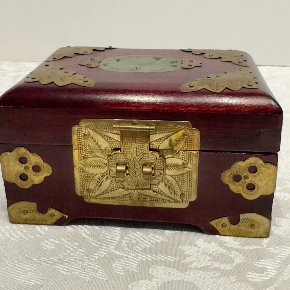 Vintage Chinese Carved Jade Stone & Rosewood Brass Pink Silk Lined Jewelry Box